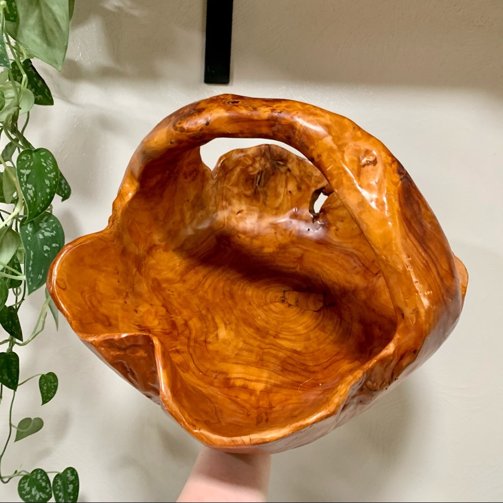 Large vintage carved wood bowl with handle